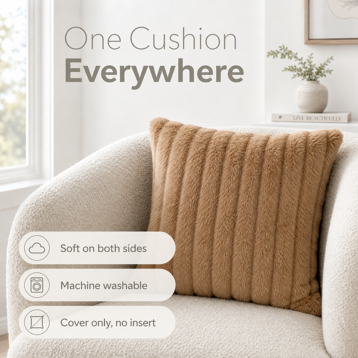 Camel faux fur cushion in a boucle armchair
