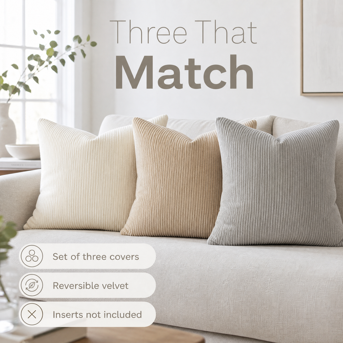 Three velvet cushions in neutral tones on a linen sofa