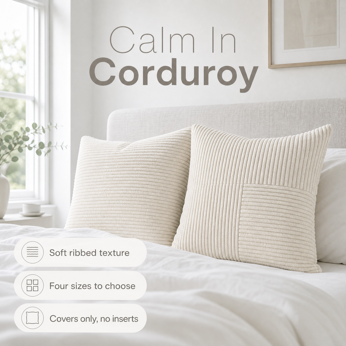 Cream corduroy cushions against a bed headboard