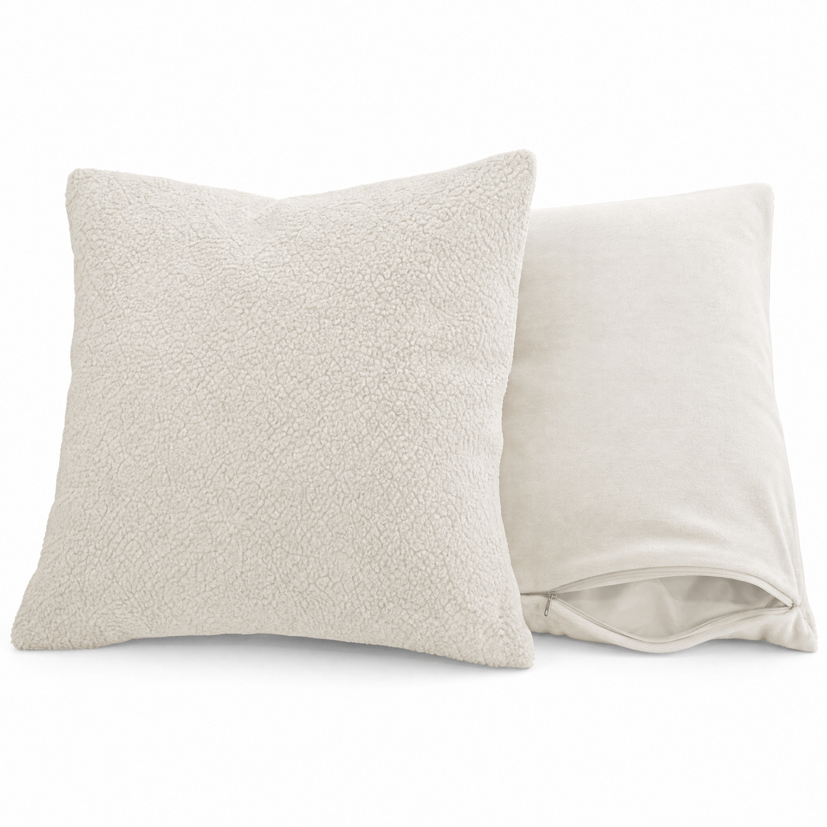 Two empty cushion covers showing the hidden zipper, inserts not included