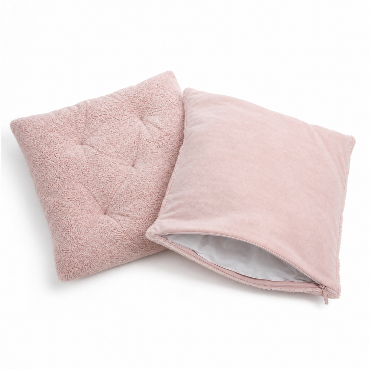 Two empty tufted cushion covers showing the open hidden zipper, inserts not included