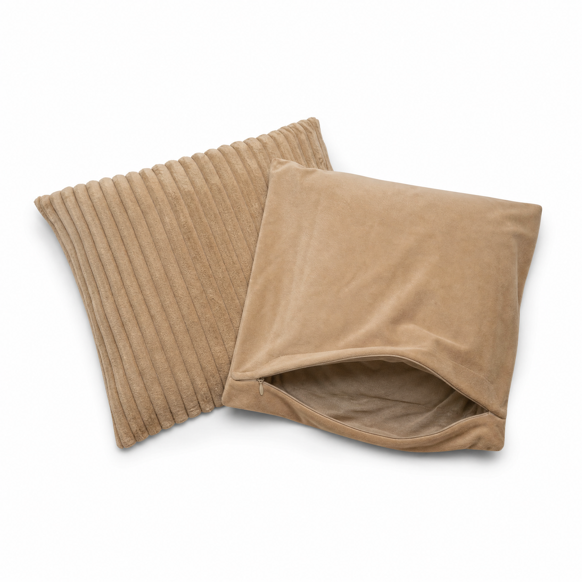 Two empty camel plush cushion covers showing the open hidden zipper, inserts not included