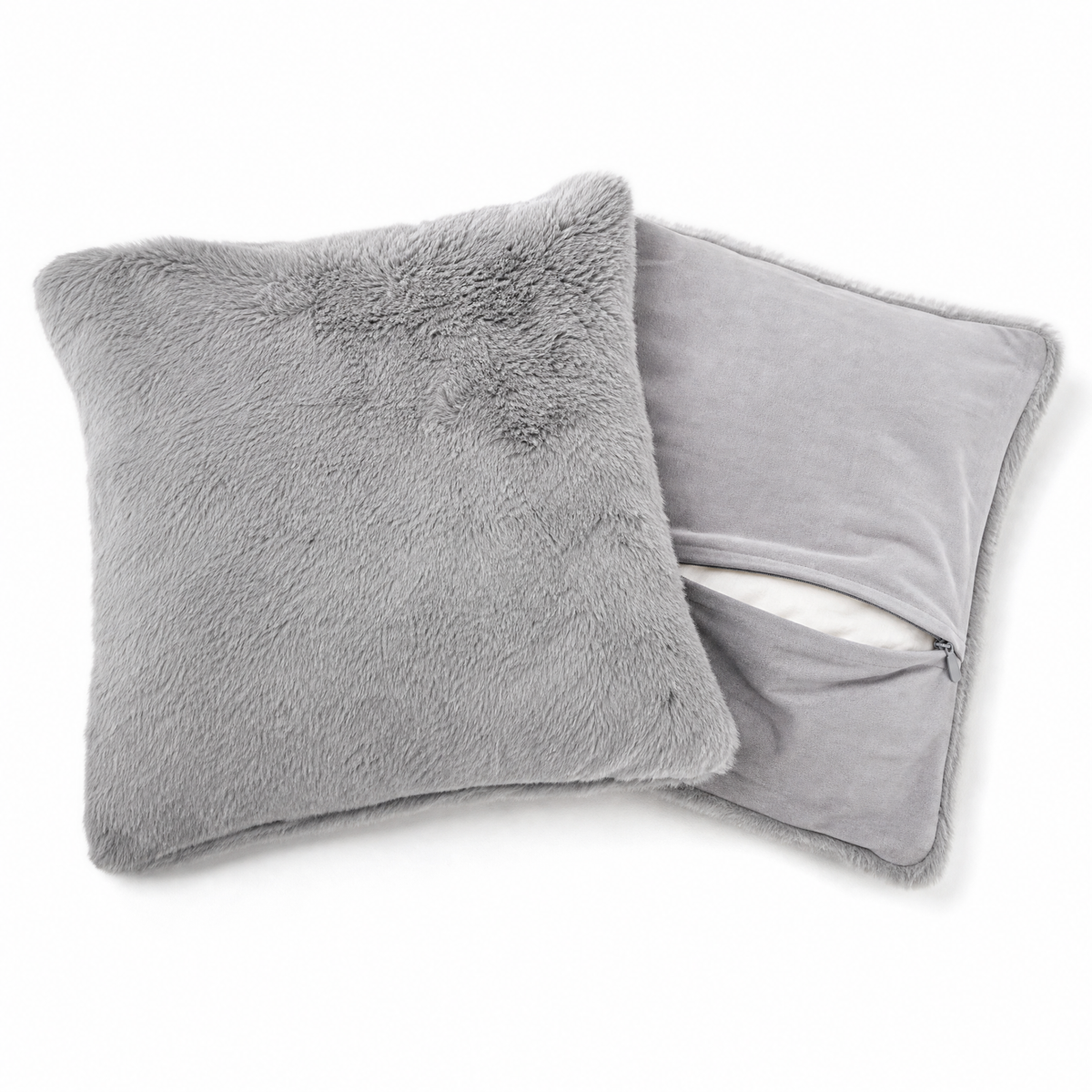 Two empty grey faux fur cushion covers showing the open hidden zipper, inserts not included