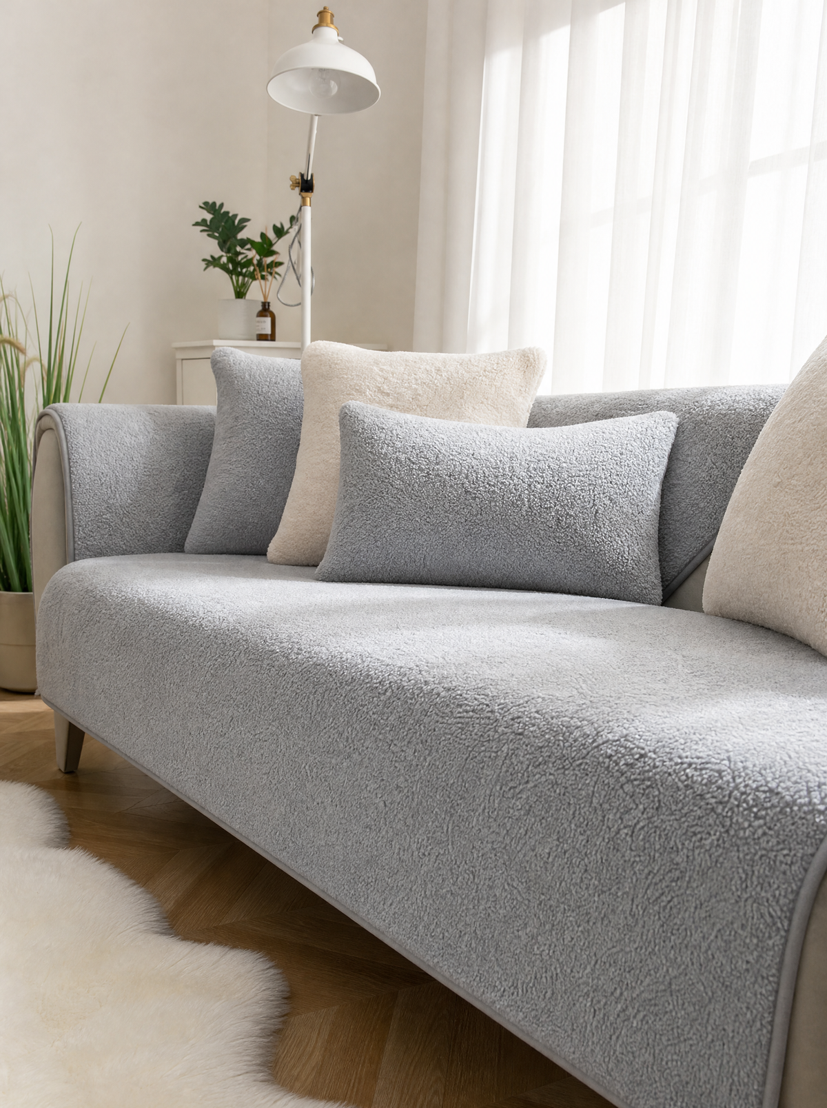 Grey sherpa couch cover on a sofa in a bright living room