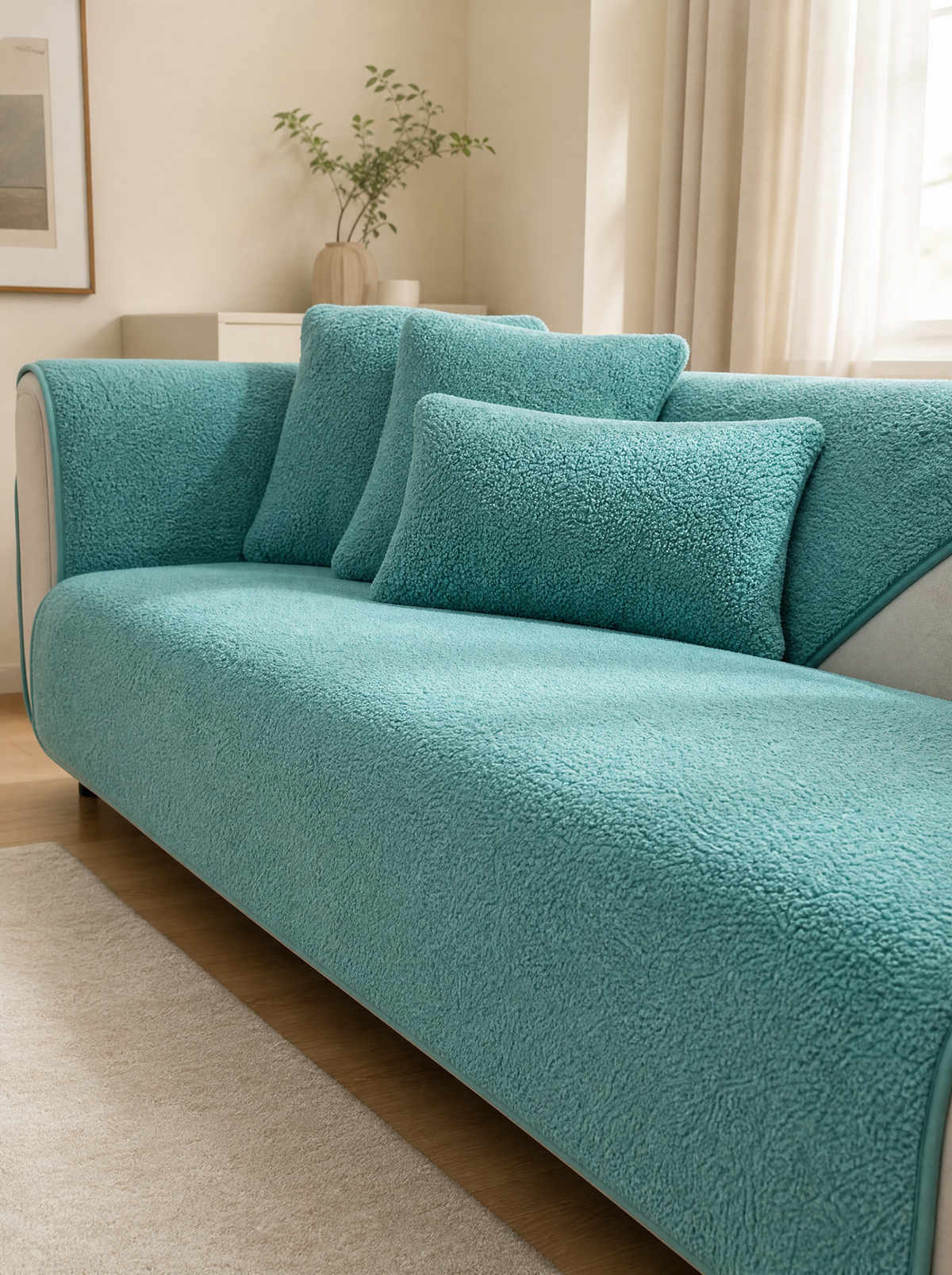 Green sherpa couch cover on a sofa in a bright living room