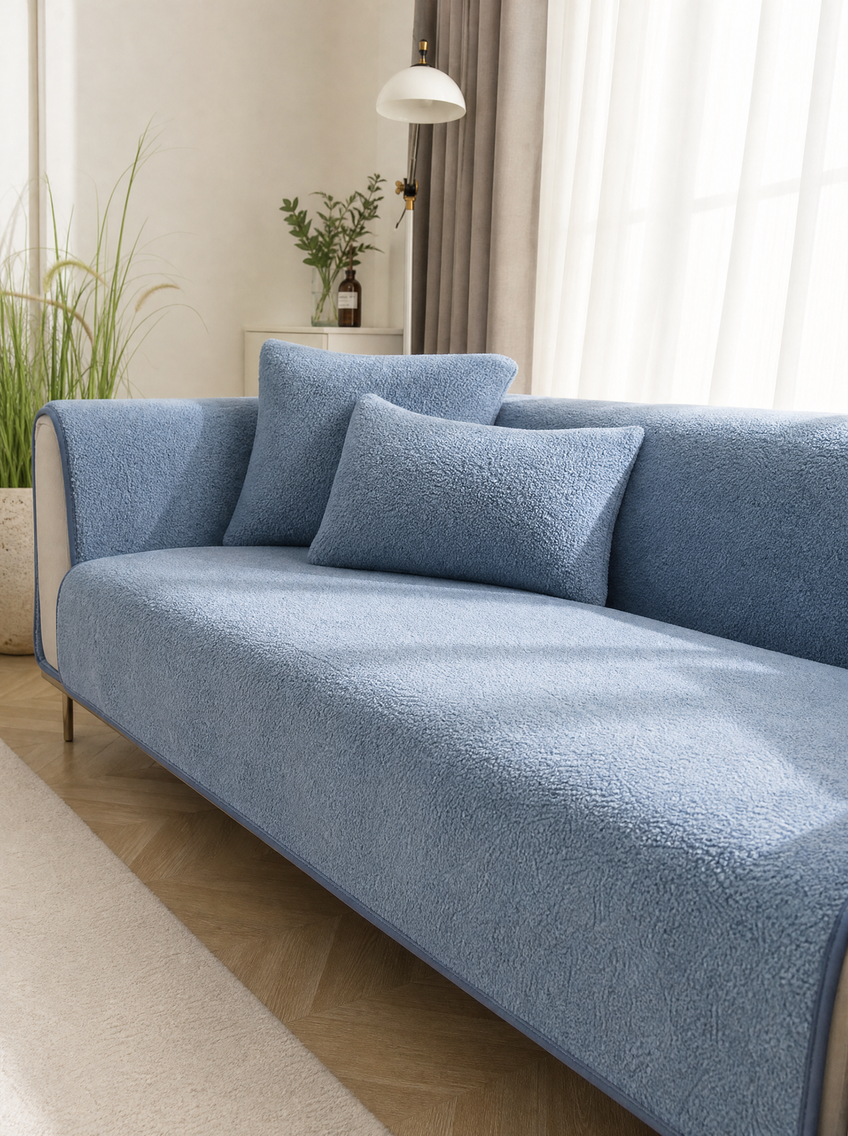Blue sherpa couch cover on a sofa in a bright living room