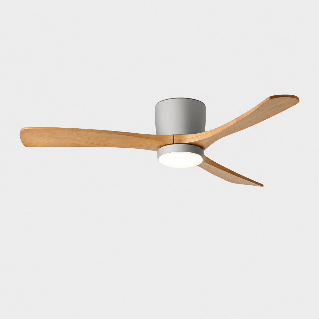 Nora Wooden Ceiling Fan Light, product photo on a light grey background
