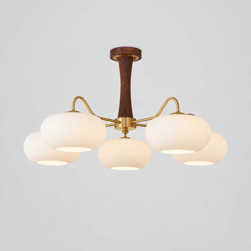 Hazel Brass and Wood Chandelier, product photo on a light grey background