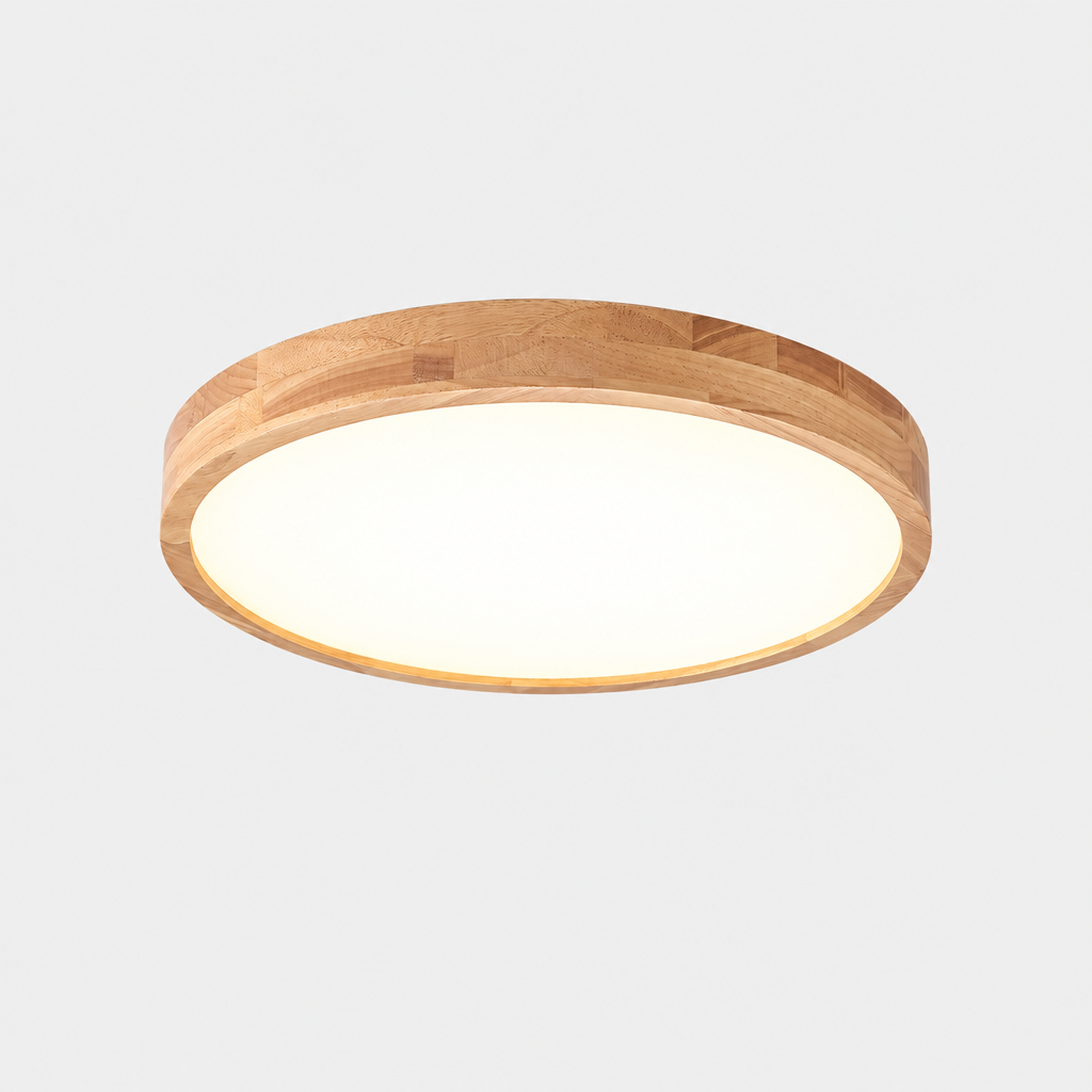 Oslo Wooden Flush Mount Light, product photo on a light grey background