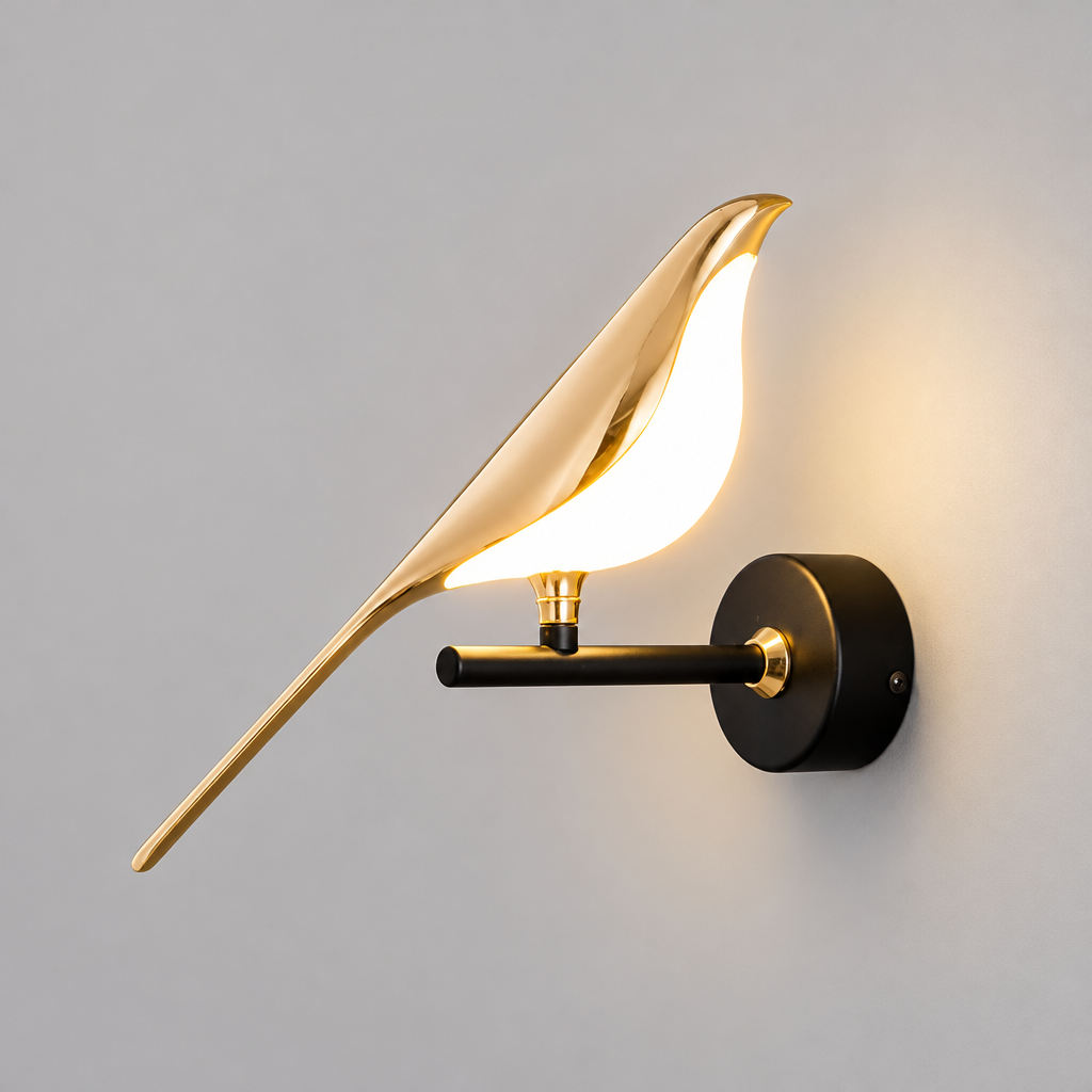 Wren Bird Wall Light, product photo on a light grey background