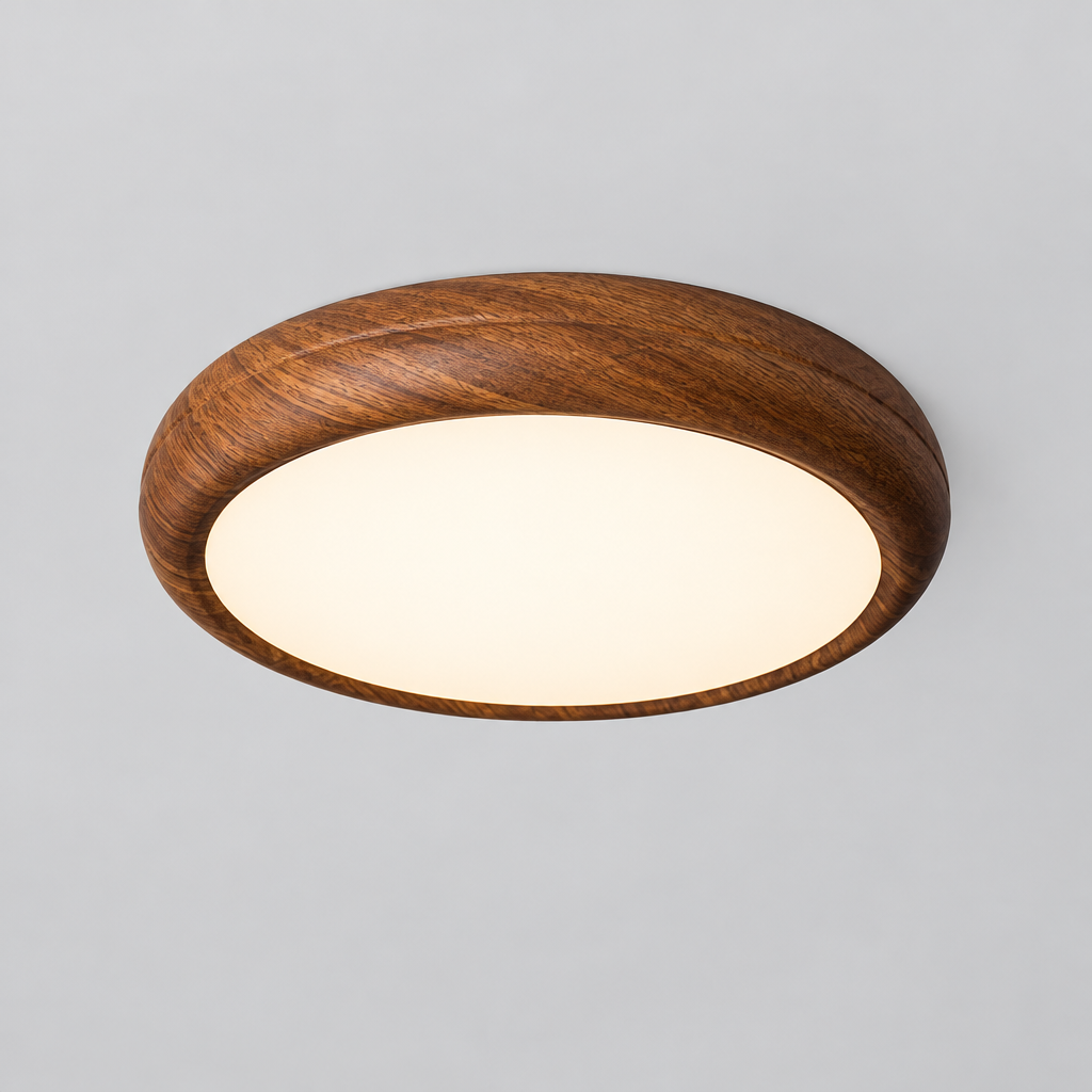Nils Walnut LED Ceiling Lamp, product photo on a light grey background