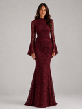 Lace Mermaid Gown in deep wine red, front view