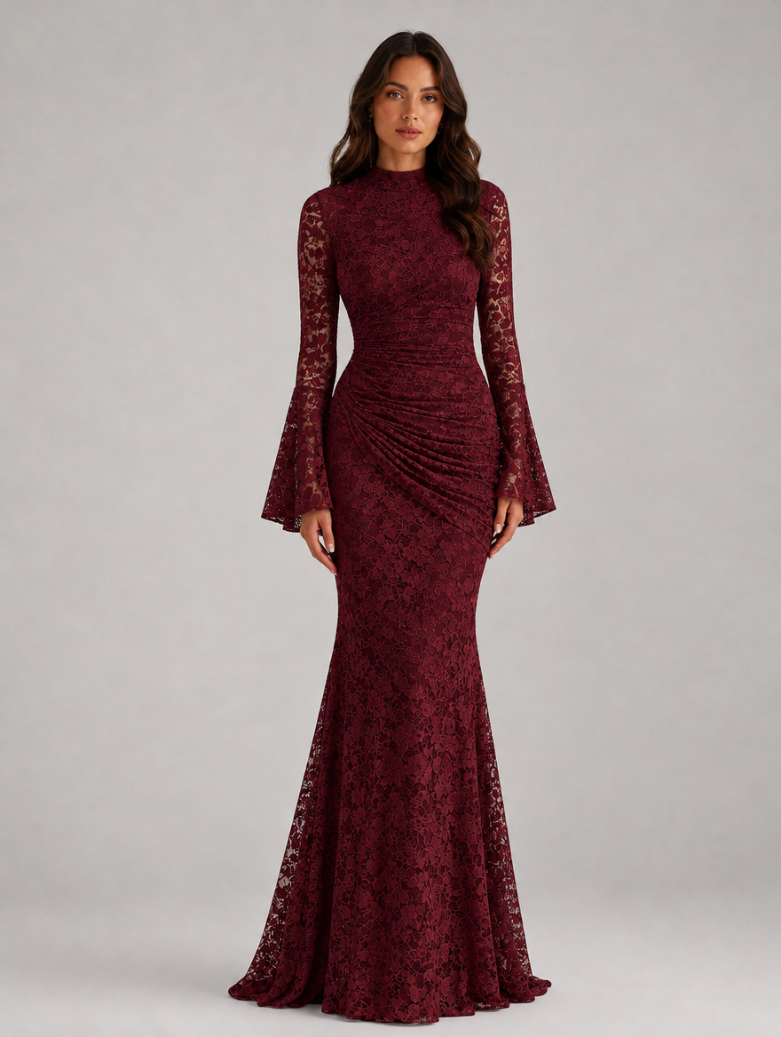 Lace Mermaid Gown in deep wine red, front view