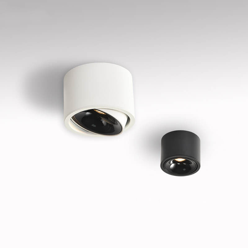 White and black surface mount LED spotlights on a ceiling