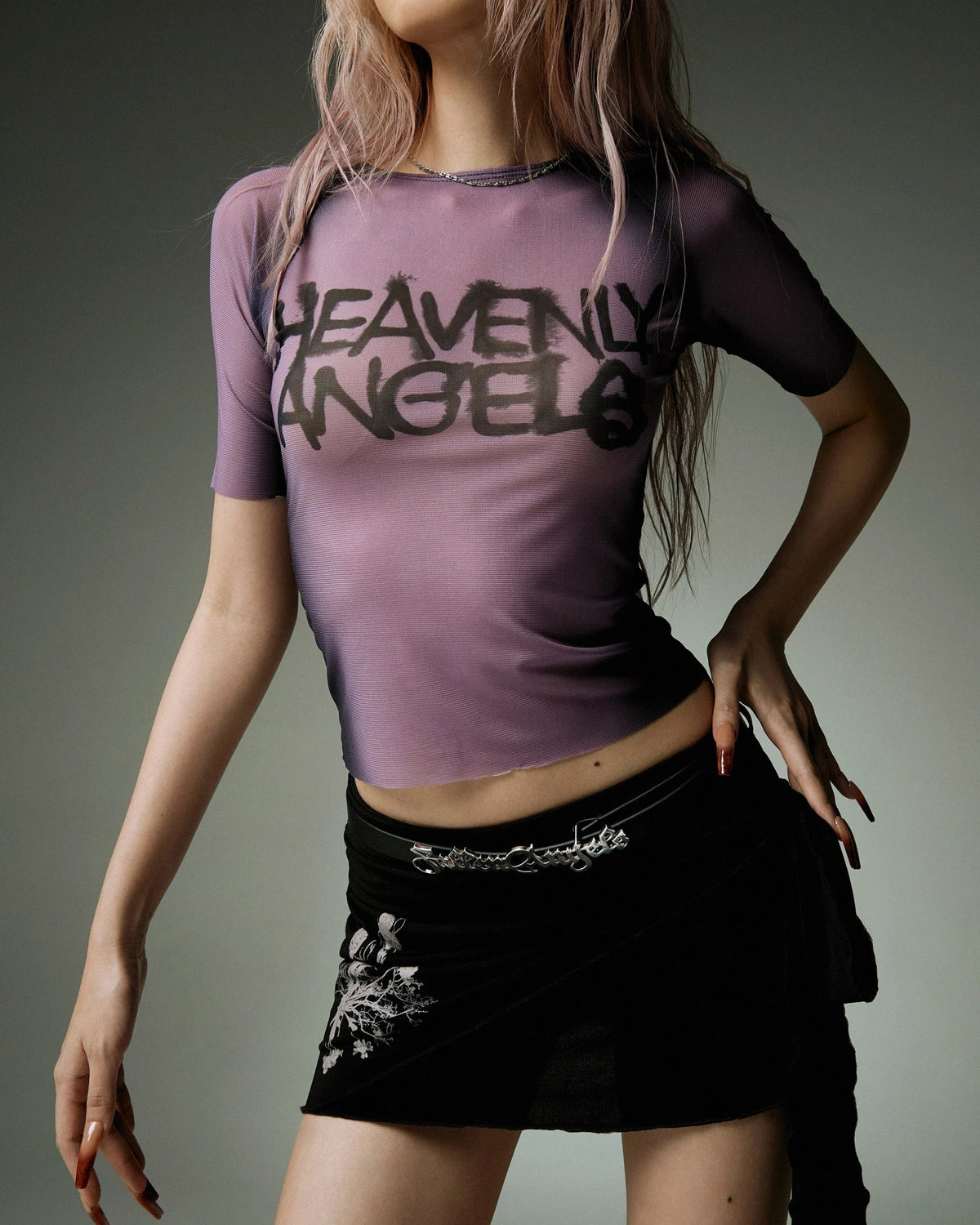 Angel Print Mesh Top in purple