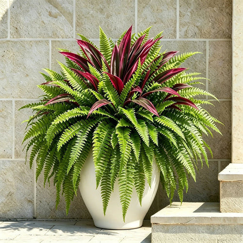 Artificial Fern and Red Dracaena, view 1