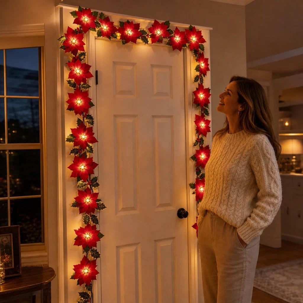 Battery Poinsettia LED Garland, view 1