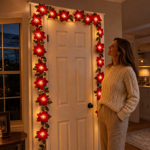Battery Poinsettia LED Garland, view 1