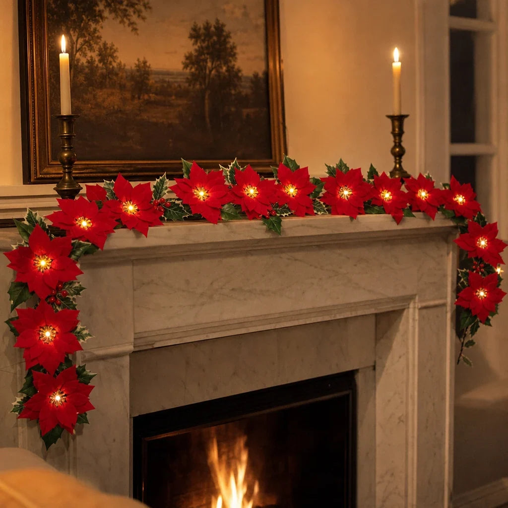 Battery Poinsettia LED Garland, Red