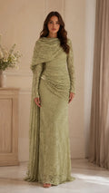 Beaded Lace Cape Mermaid Gown, view 1