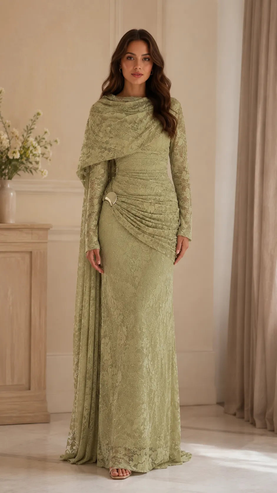 Beaded Lace Cape Mermaid Gown, view 1