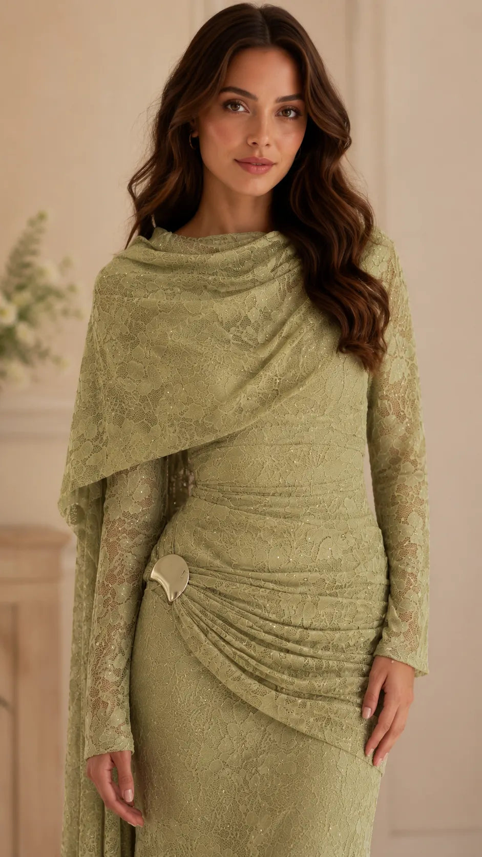 Beaded Lace Cape Mermaid Gown, view 2
