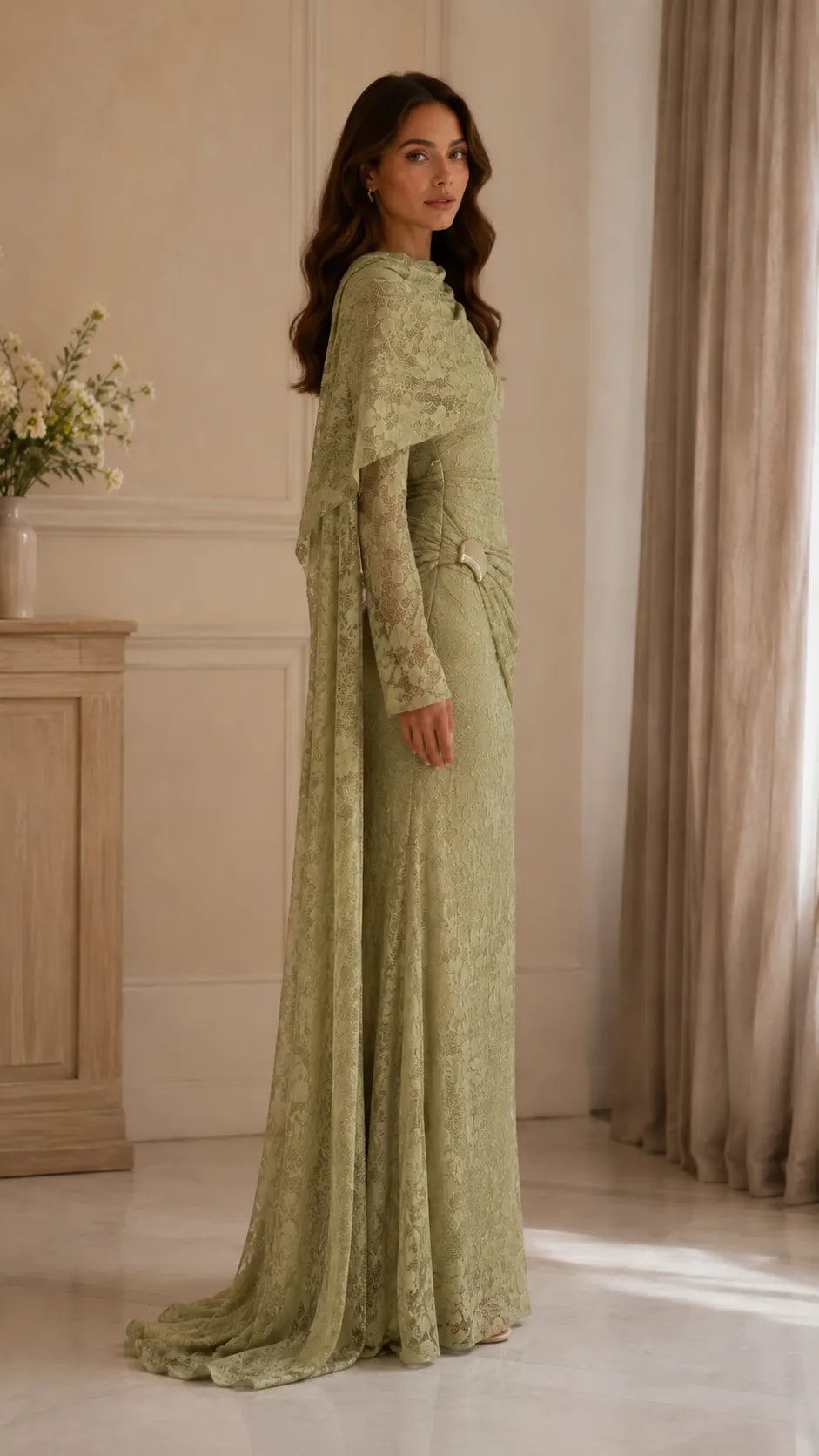 Beaded Lace Cape Mermaid Gown, view 3