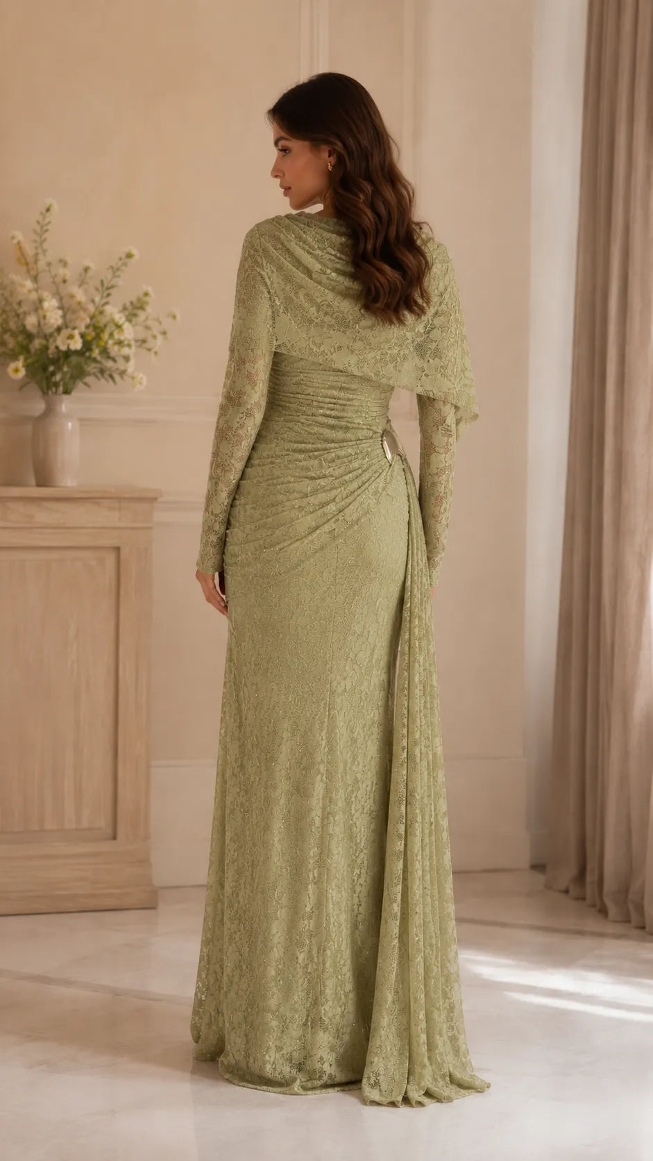 Beaded Lace Cape Mermaid Gown, view 4