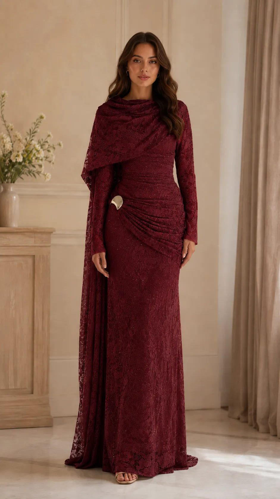 Beaded Lace Cape Mermaid Gown, view 5