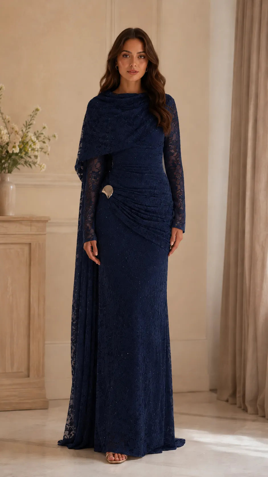 Beaded Lace Cape Mermaid Gown, view 6