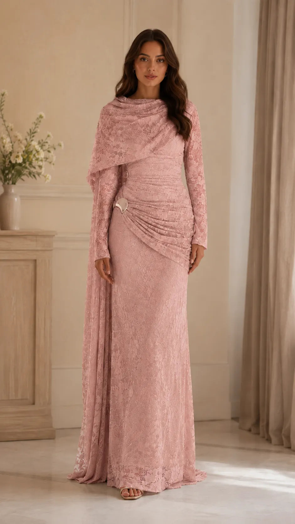 Beaded Lace Cape Mermaid Gown, view 7