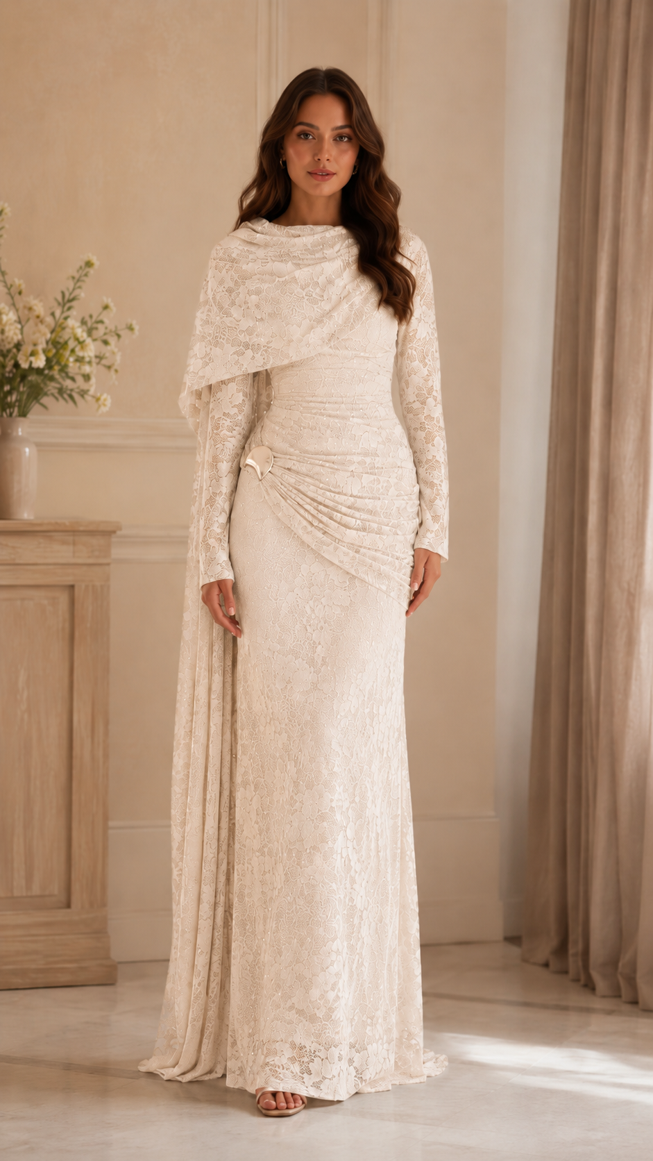 Beaded Lace Cape Mermaid Gown, view 8