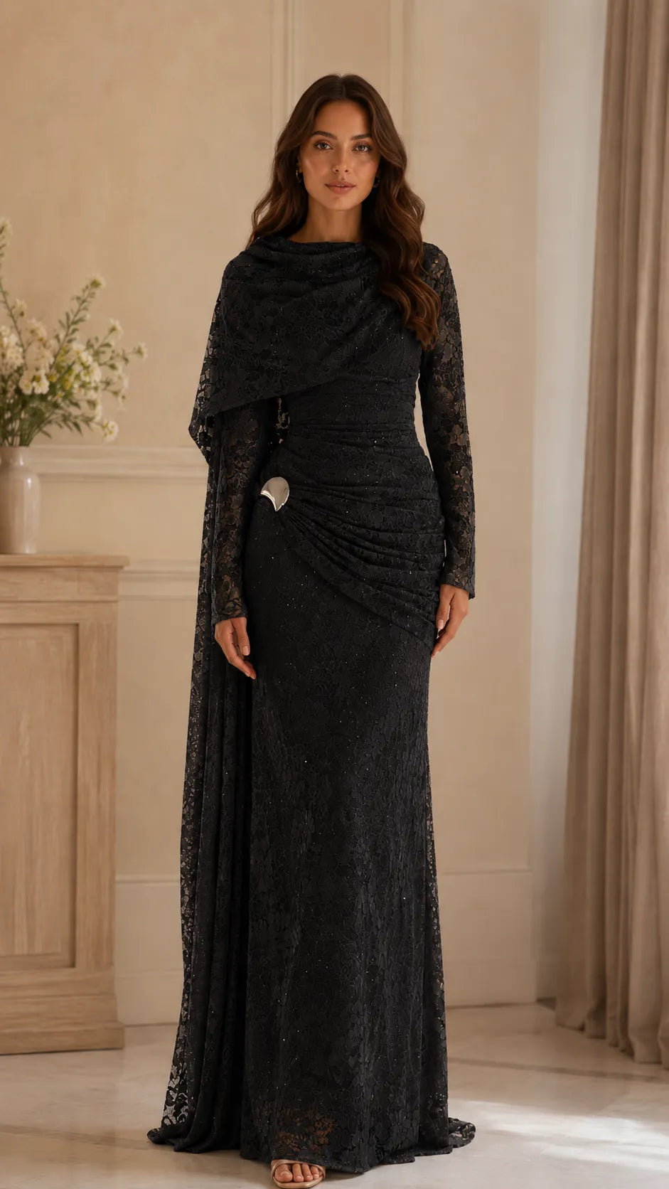 Beaded Lace Cape Mermaid Gown, view 9
