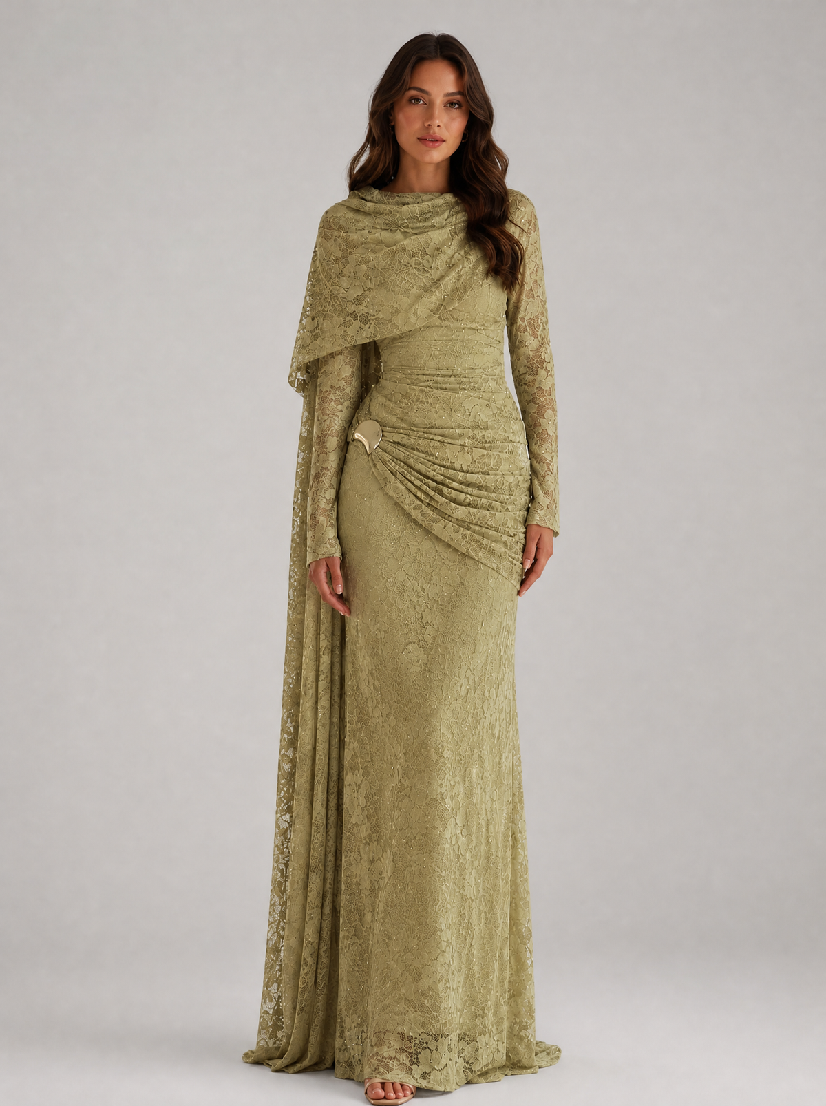 Beaded Lace Cape Mermaid Gown, main photo