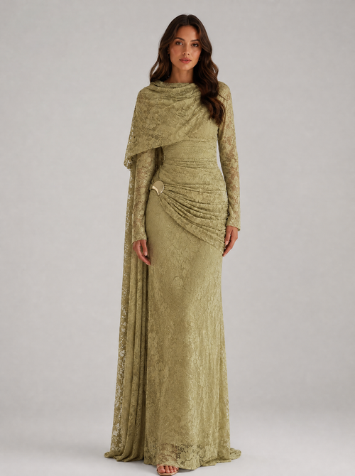 Beaded Lace Cape Mermaid Gown, main photo
