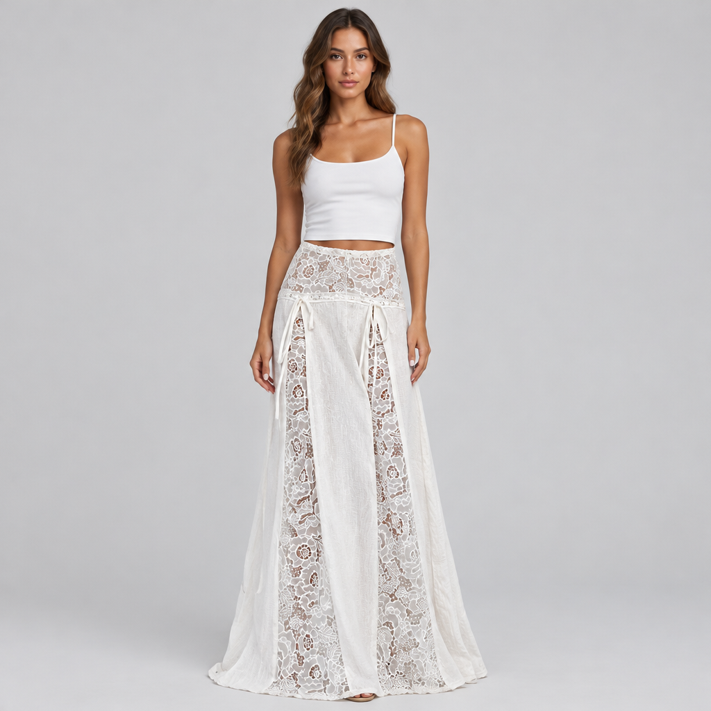 Lace Patchwork Maxi Skirt, product photo on a light grey background