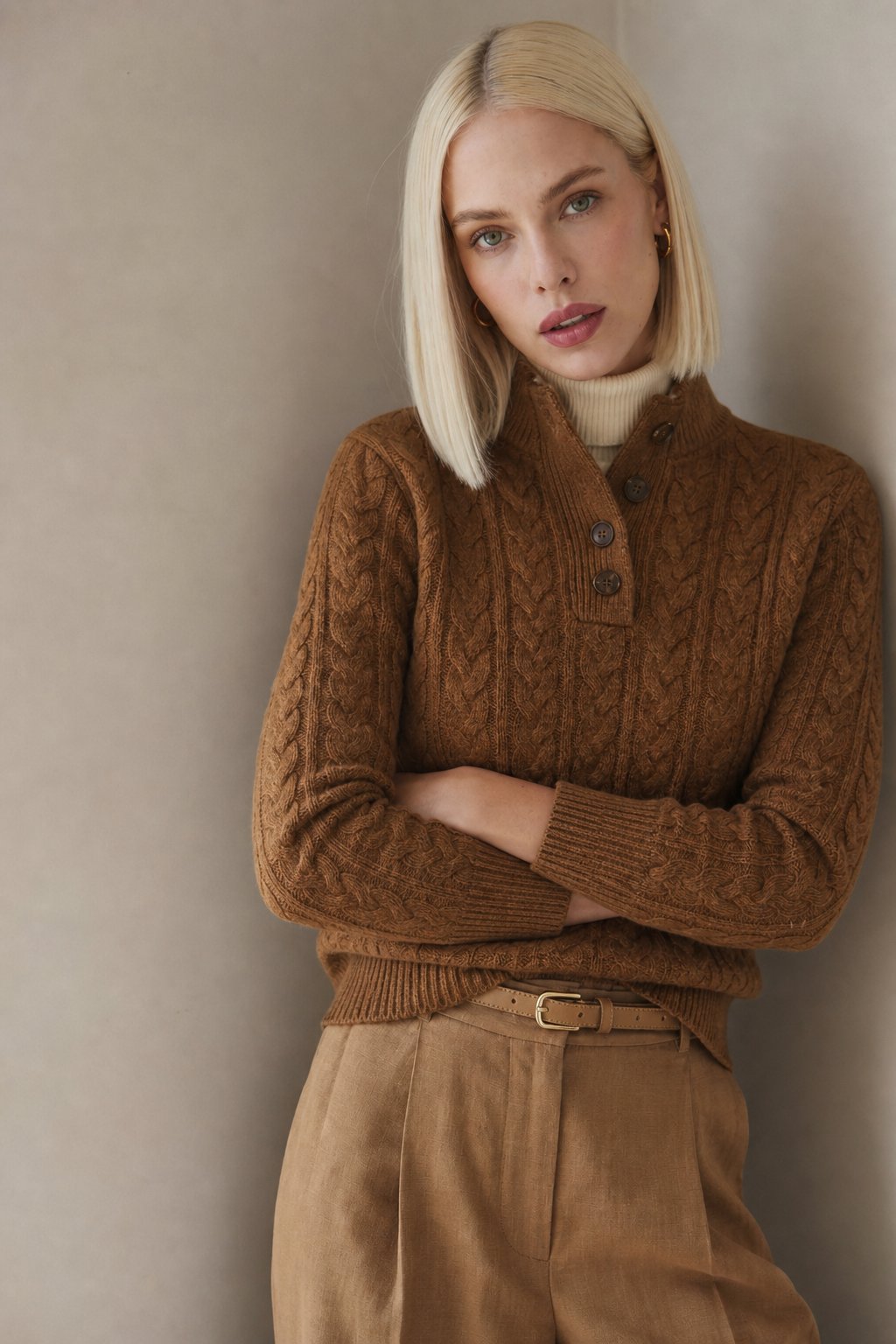 Cable Knit Button Up Sweater, view 3