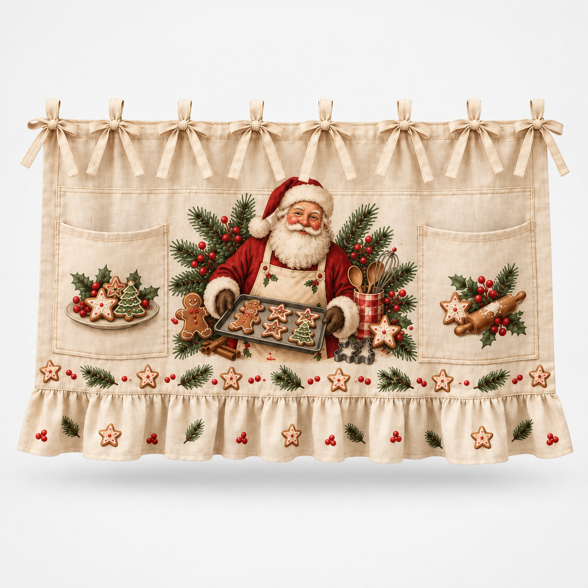 Tie-On Christmas Appliance Skirt with Pockets, Santa's Cookie Kitchen