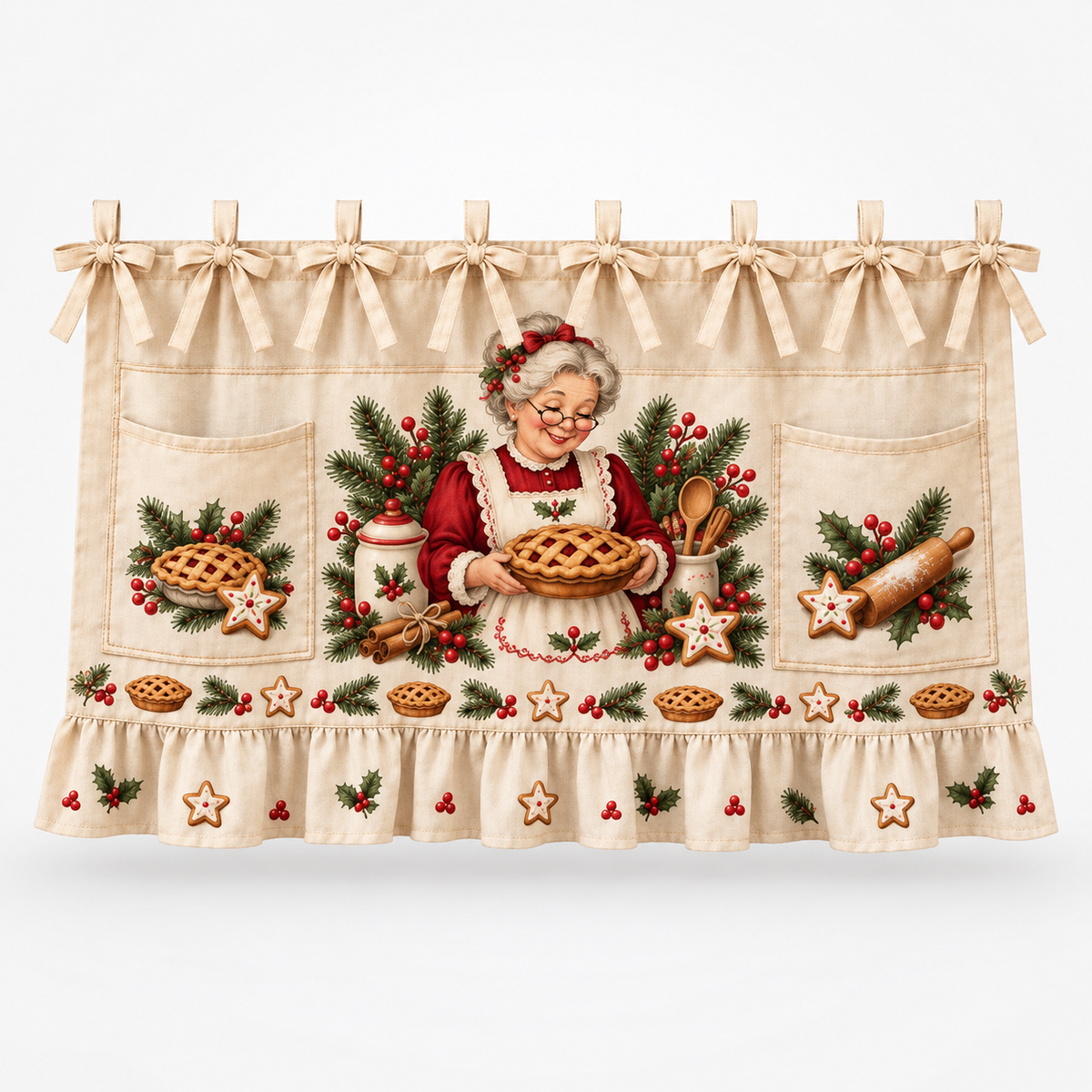 Tie-On Christmas Appliance Skirt with Pockets, Mrs. Claus' Bakery