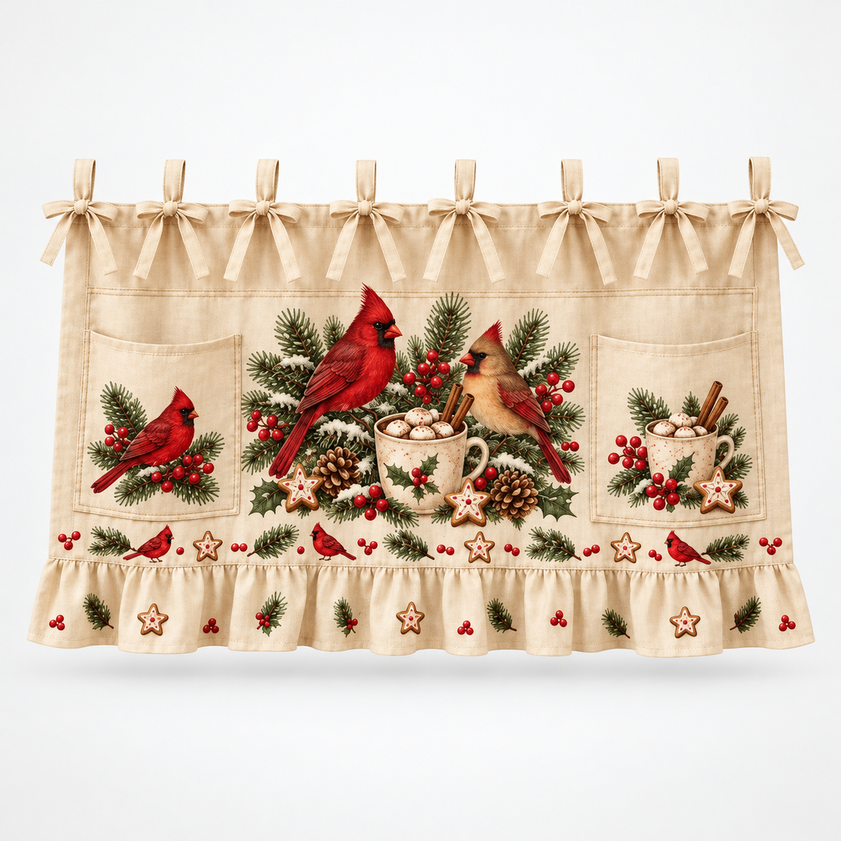 Tie-On Christmas Appliance Skirt with Pockets, Cardinal Christmas Kitchen
