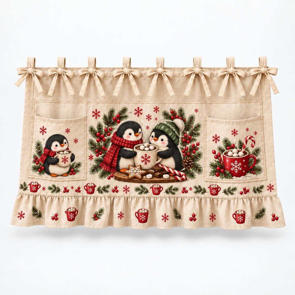 Tie-On Christmas Appliance Skirt with Pockets, Penguin's Winter Treats