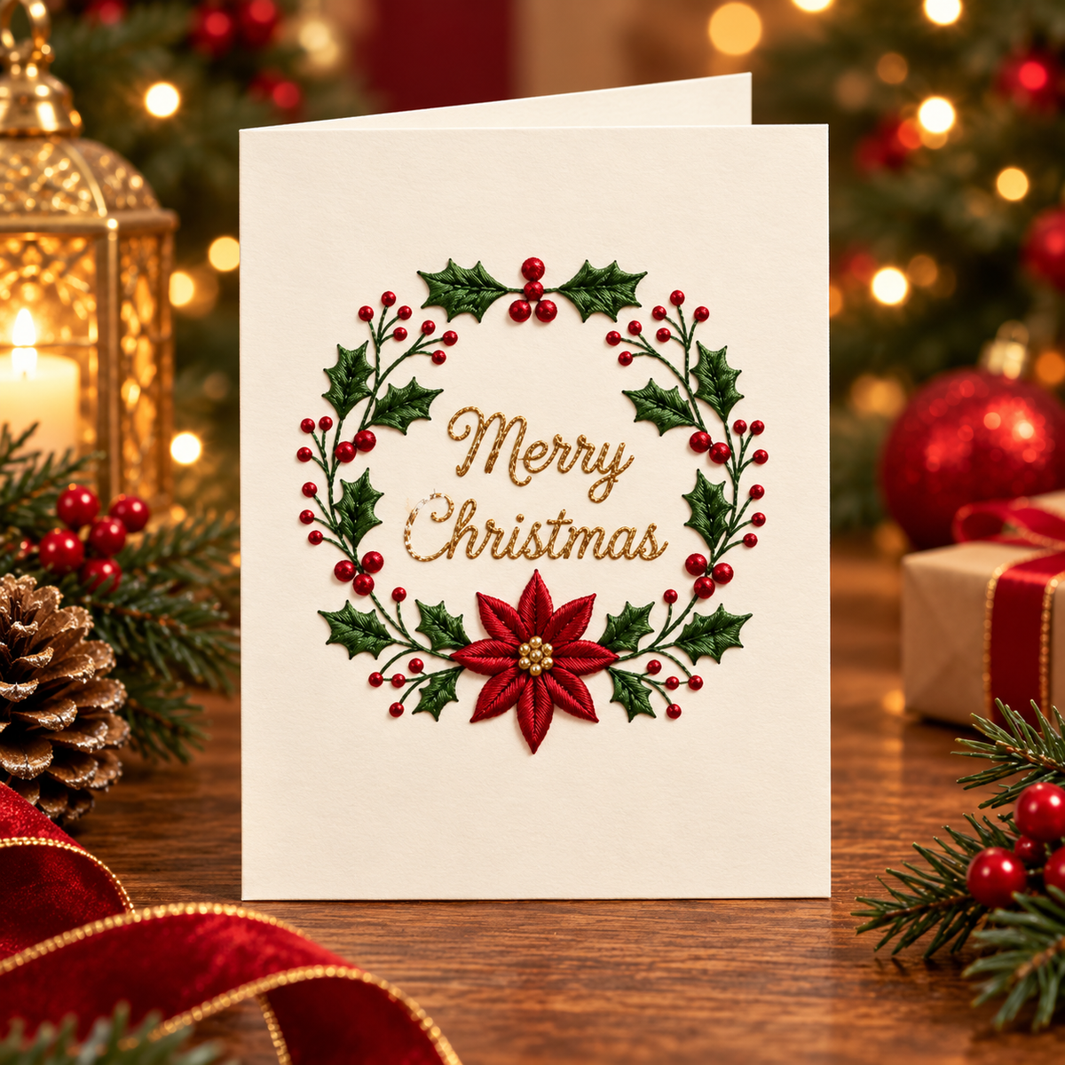 Christmas Embroidery Card Kit, Wreath