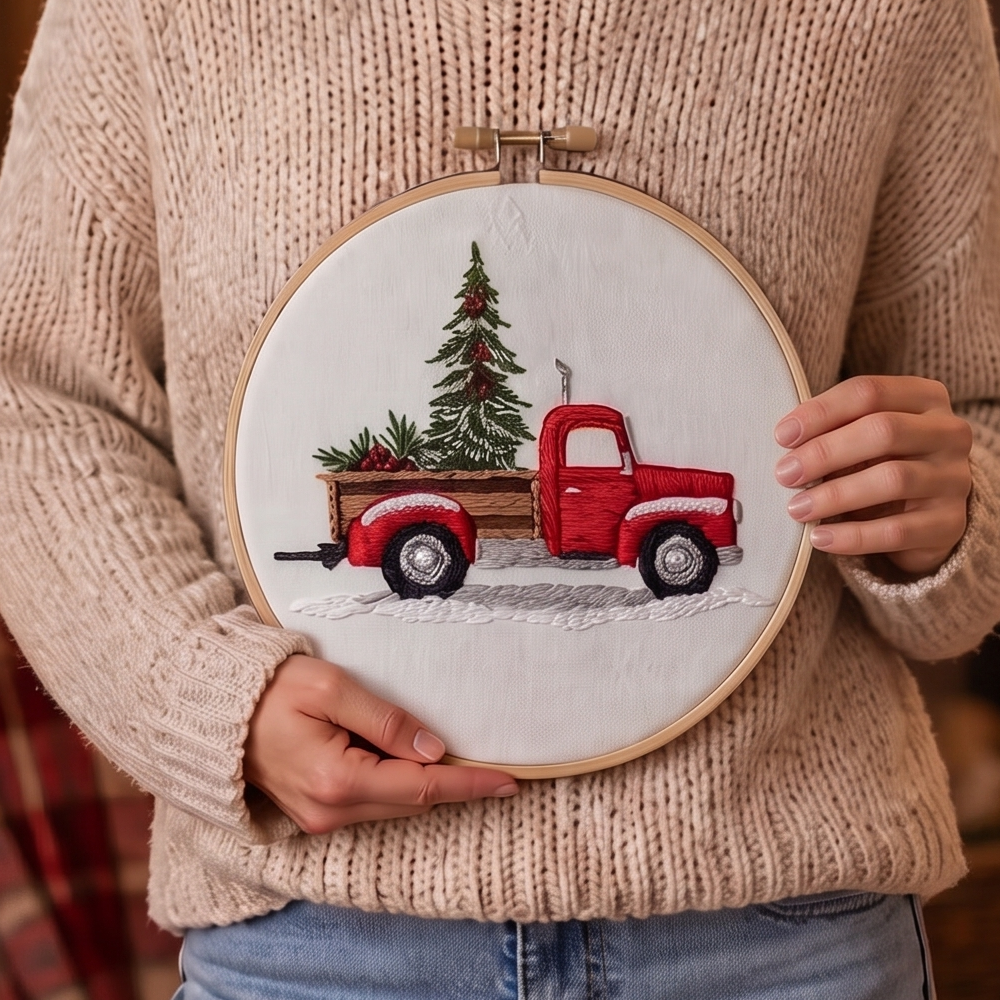 Christmas Embroidery Hoop Kit, Red Truck