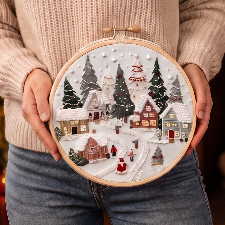 Christmas Embroidery Hoop Kit, Winter Village