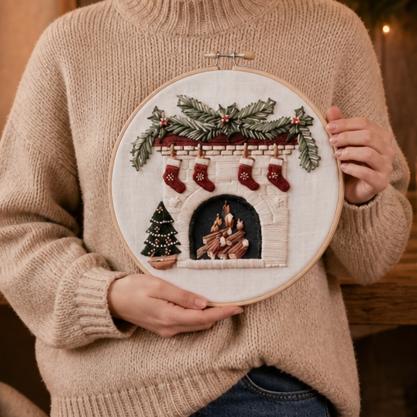 Christmas Embroidery Hoop Kit, Fireplace