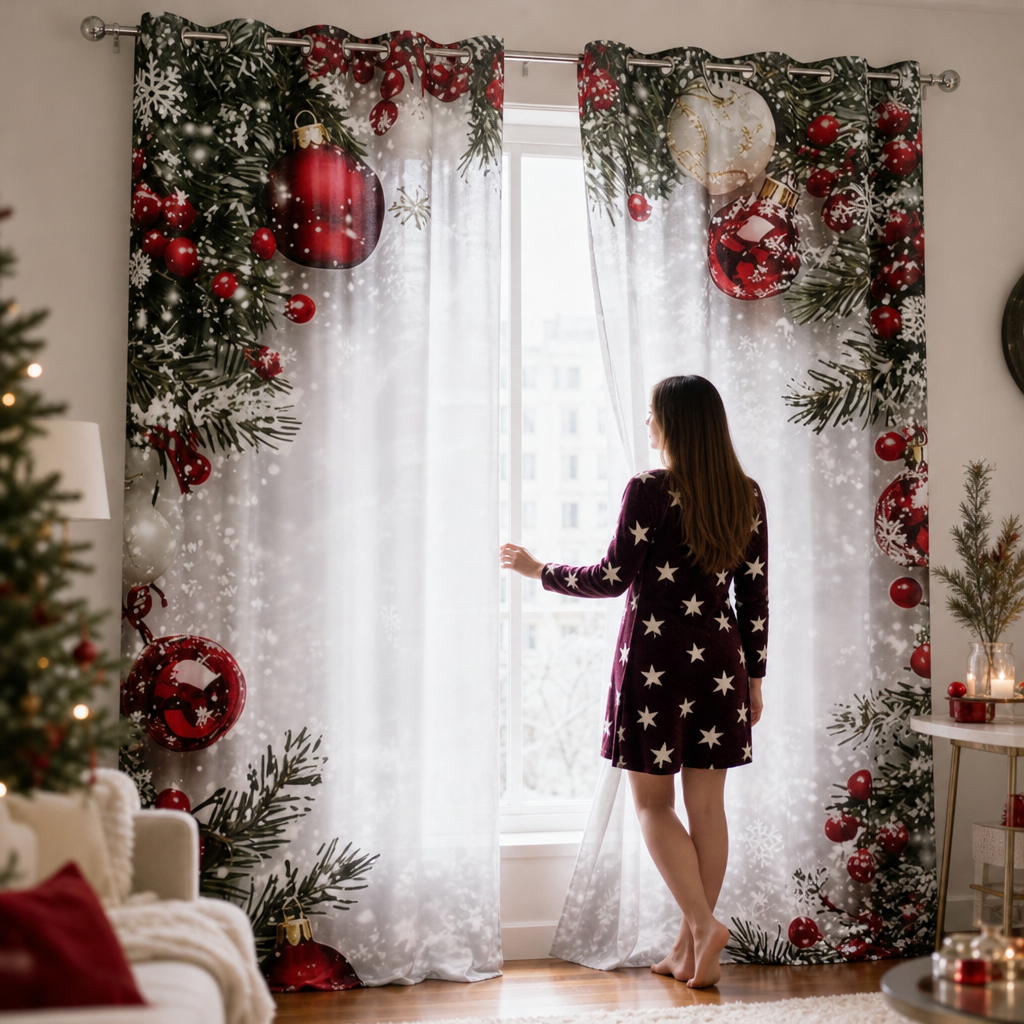 Christmas Print Semi-Sheer Curtain Panel, view 1