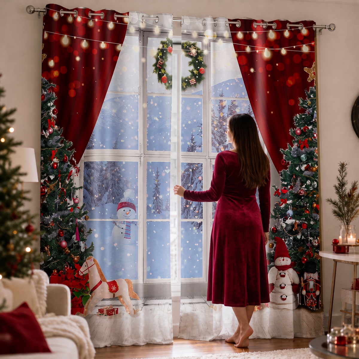 Christmas Print Semi-Sheer Curtain Panel, Winter Window