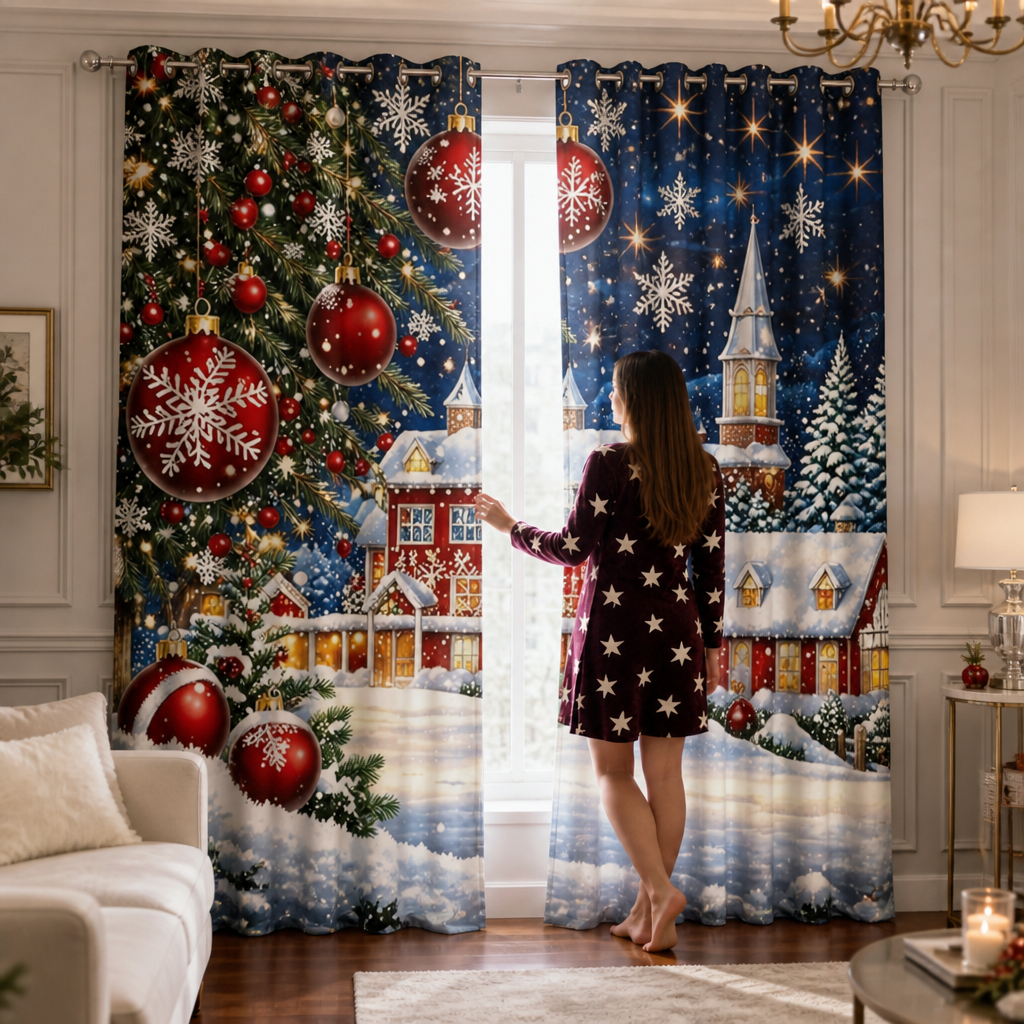 Christmas Print Semi-Sheer Curtain Panel, Snowy Village