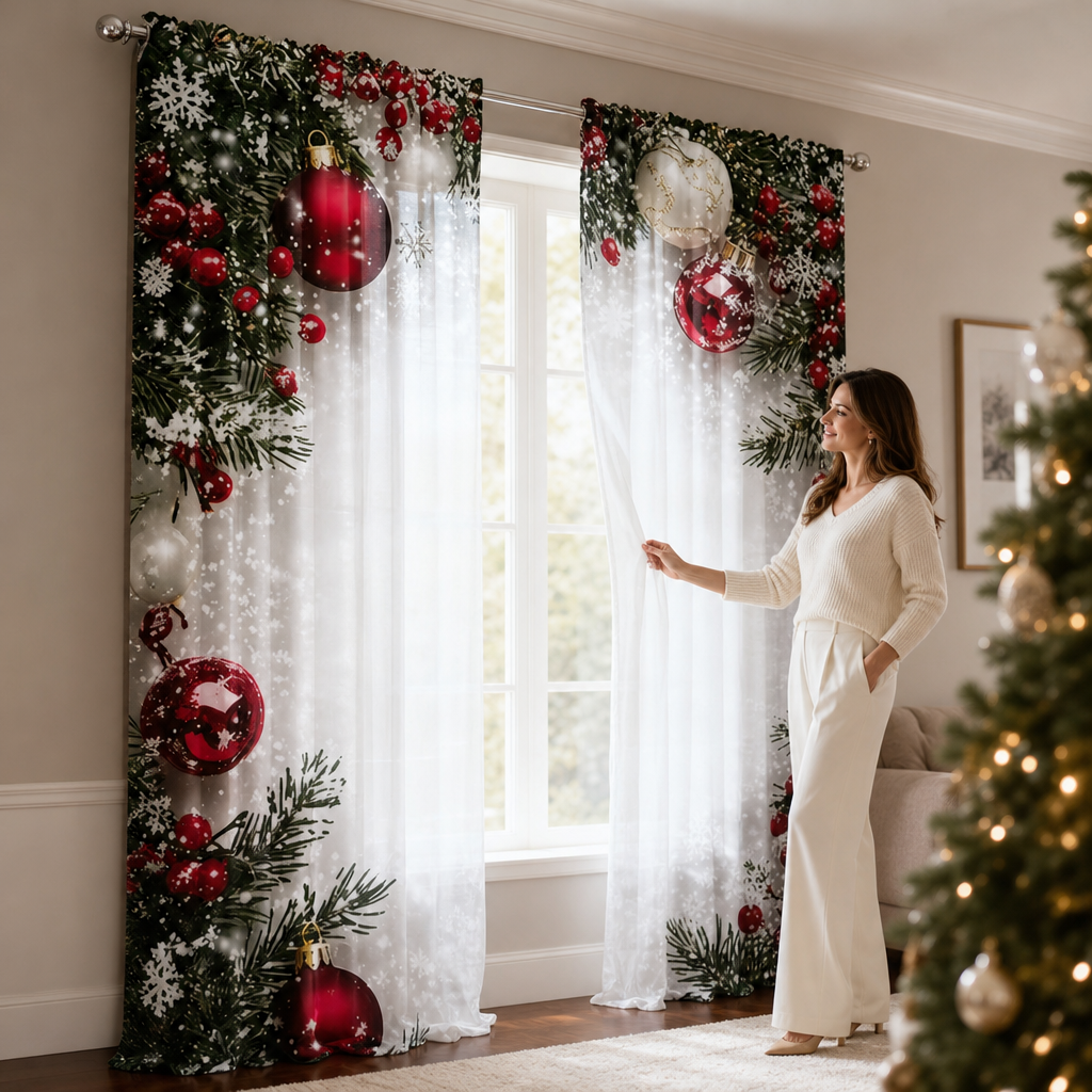 Christmas Print Semi-Sheer Curtain Panel, view 4