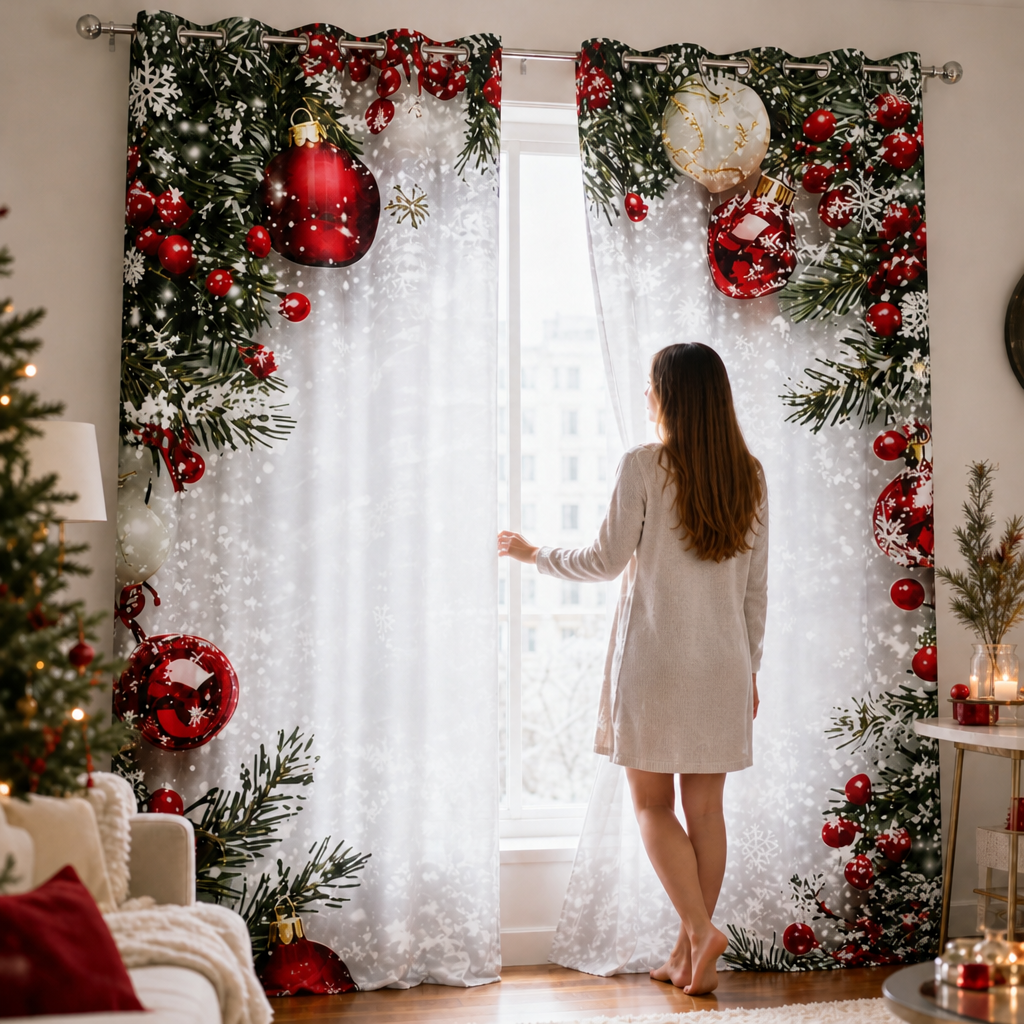 Christmas Print Semi-Sheer Curtain Panel, Snowy Ornaments